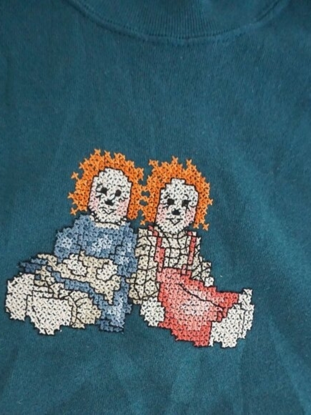 Teal Crewneck Sweater with Doll Embroidery - Picture 2 of 5